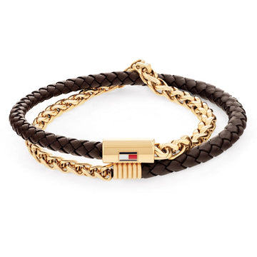 Διπλό βραχιόλι Tommy Hilfiger 2790563 με καφέ δέρμα και χρυσό ατσάλινο μπρασελέ με μαγνητικό κούμπωμα.